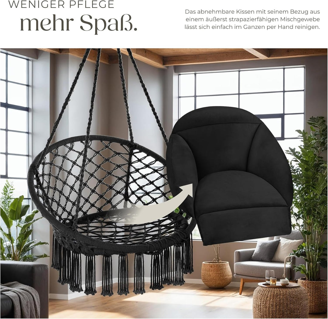 tectake® Hängesessel, Hängeschaukel mit dicken Kissen & Quasten, Boho Hängekorb Ø 80 cm, Hängesessel
