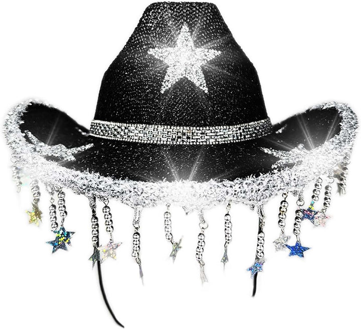 Glitzer Cowboyhut mit Pailletten Sternen & Fransen - Funkelnder Westernhut Disco Partyhut für Damen