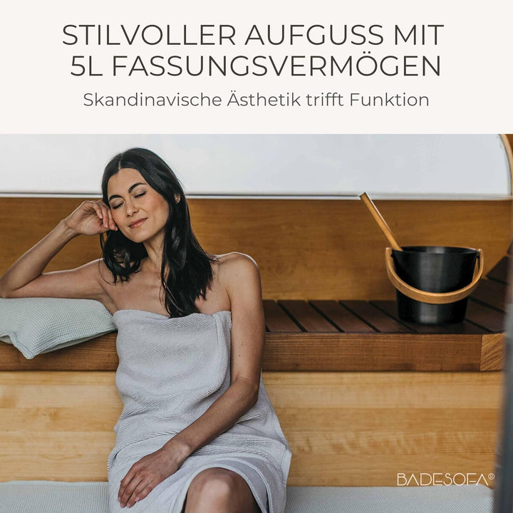 BADESOFA Sauna-Eimer mit Kelle Set – Saunakübel 5 L Aluminium Schwarz mit Bambusgriff – Skandinavisc