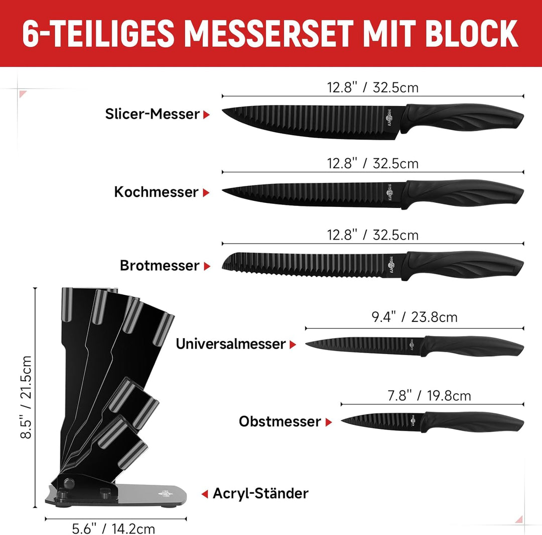6-teilig Messerset mit Messerhalter, Küchenmesser Set, Profi Messerset mit Block, Edelstahl Messer S