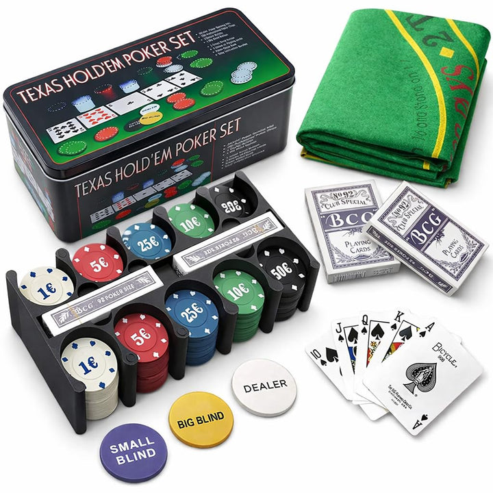 Set de Poker, Pokerkarten, Professionelles Pokerset, Blackjack, Metallkoffer, Casino, Spielchips, Sp