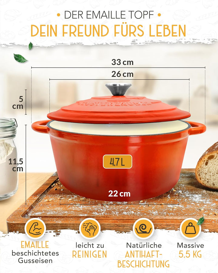 KRUSTENZAUBER Gusseisen Topf Brot Backen emailliert im XXL Set - Brotbackform mit Deckel inkl Gärkor