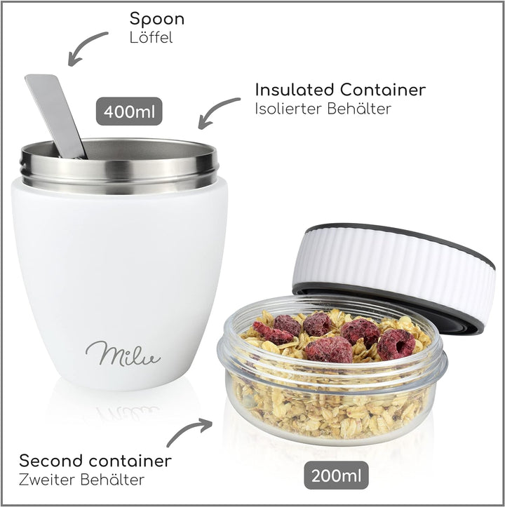 Milu Müslibecher to go 400ml I isolierter Edelstahl Joghurtbecher für Müsli I auslaufsicherer Becher