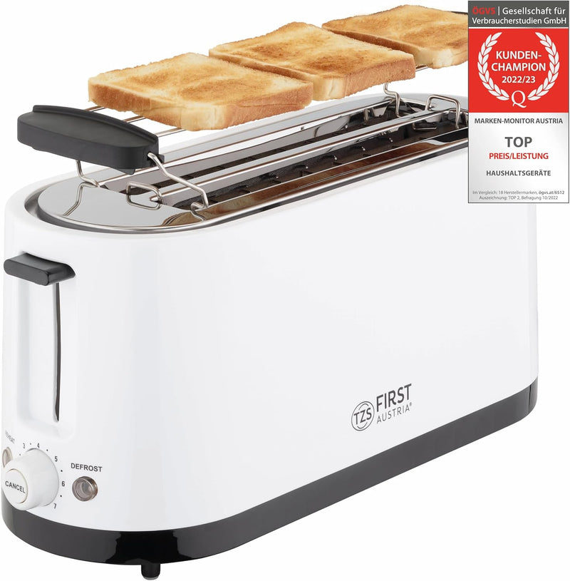 TZS First Austria - Toaster 4 Scheiben Langschlitz 1400W mit Krümelschublade | Brötchenaufsatz | wär