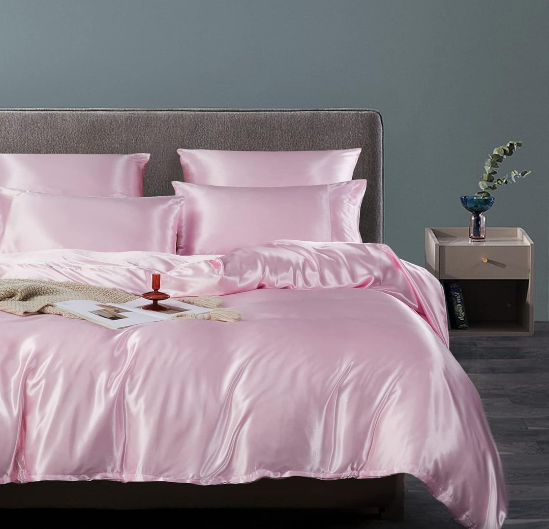 Luofanfei Bettwäsche 135x200 cm 4teilig Rosa Satin Glänzend Seiden Glatt Bettwäsche-Sets Pink Uni He