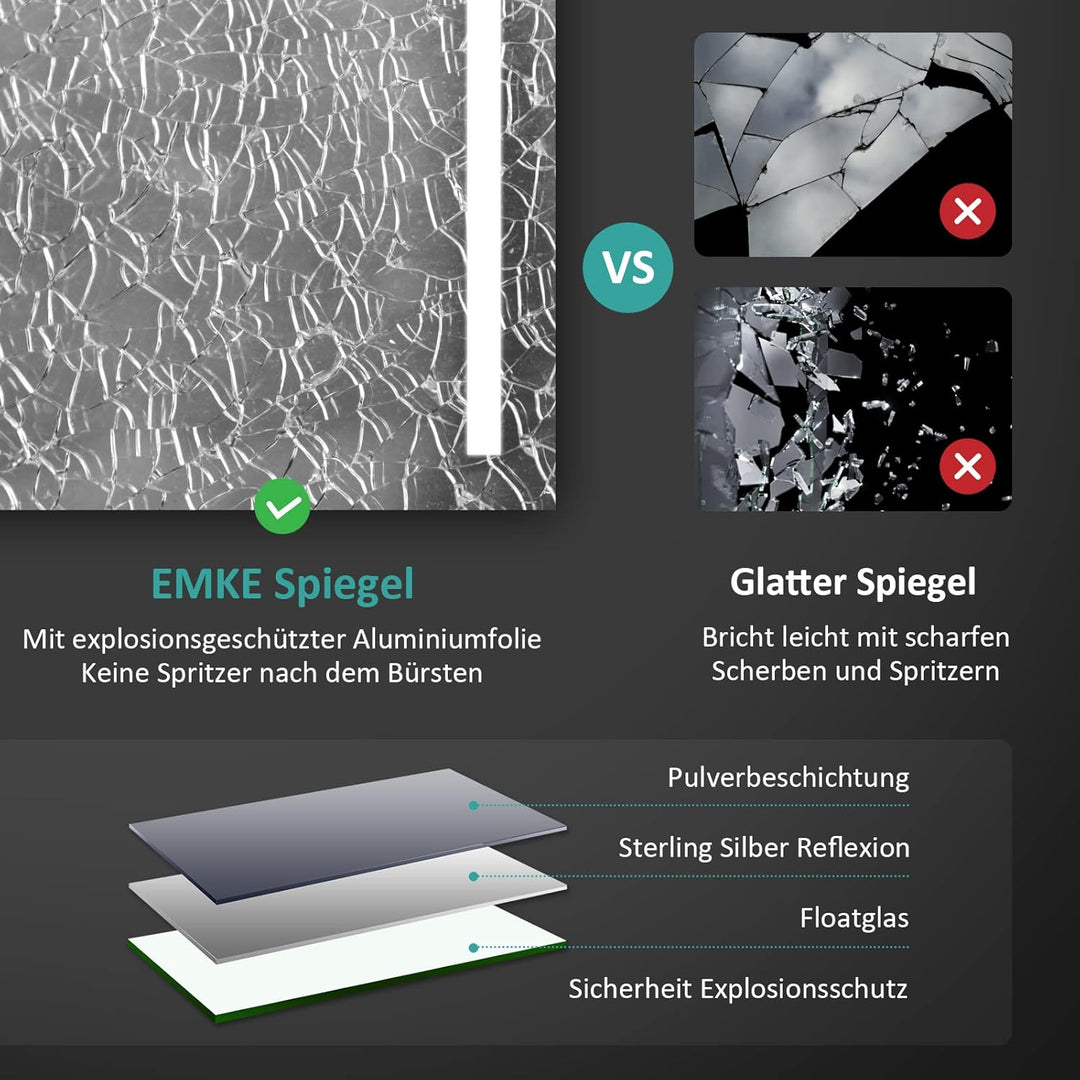 EMKE Spiegel mit Beleuchtung 60x80cm LED Badspiegel mit Beschlagfrei, 2 Lichtfarben und Taste, Badez