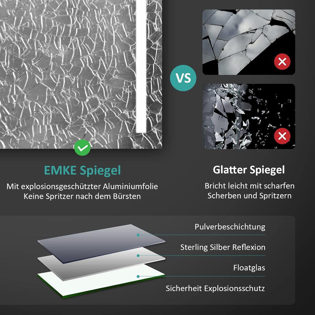 EMKE Spiegel mit Beleuchtung 60x80cm LED Badspiegel mit Beschlagfrei, 2 Lichtfarben und Taste, Badez