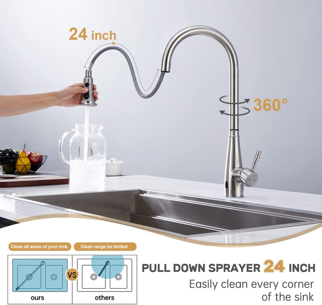 Touchless Sensor Wasserhahn Küche, YUANNY Küchenarmatur mit Ausziehbar Brause, 360° Drehbar Edelstah