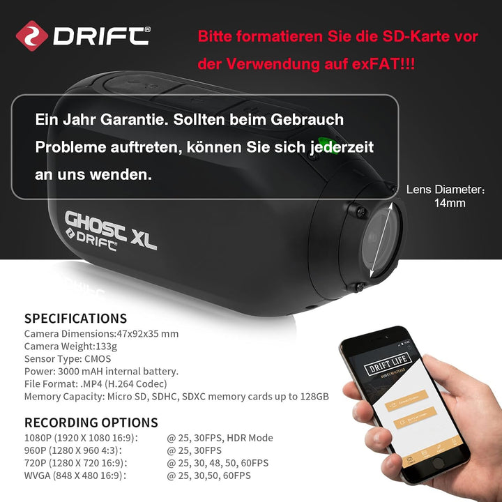 Drift Ghost XL Action Cam Motorrad – Full HD 1080P, 9h Akku, 140° Weitwinkel, 300° drehbar, IPX7 was