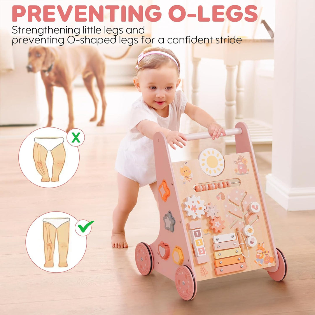 ROBUD Lauflernwagen Holz,Baby Lauflernhilfe,Baby Walker,kognitive Entwicklung, Rosa