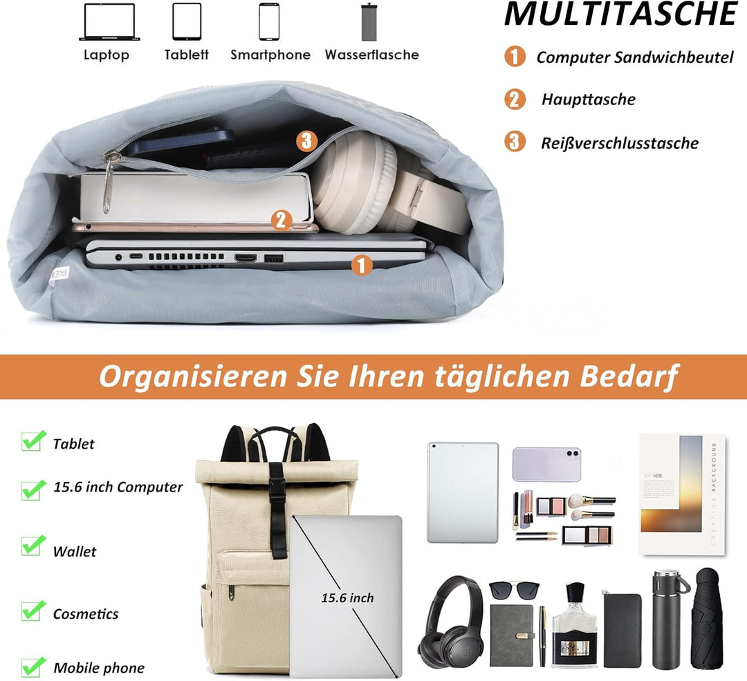 TANTOMI Rucksack Damen Herren, Rucksack Laptop Tasche 15,6 Zoll, Laptop Rucksack Damen Herren weit ö