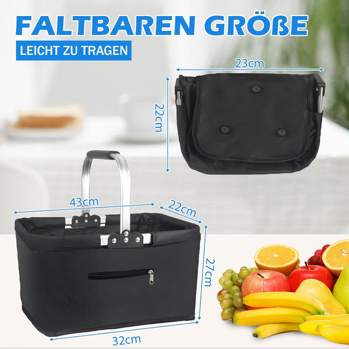 Einkaufskorb Faltbar 25L, Klappbarer Einkaufskorb mit gepolsterten Griffen und Reissverschlusstasche