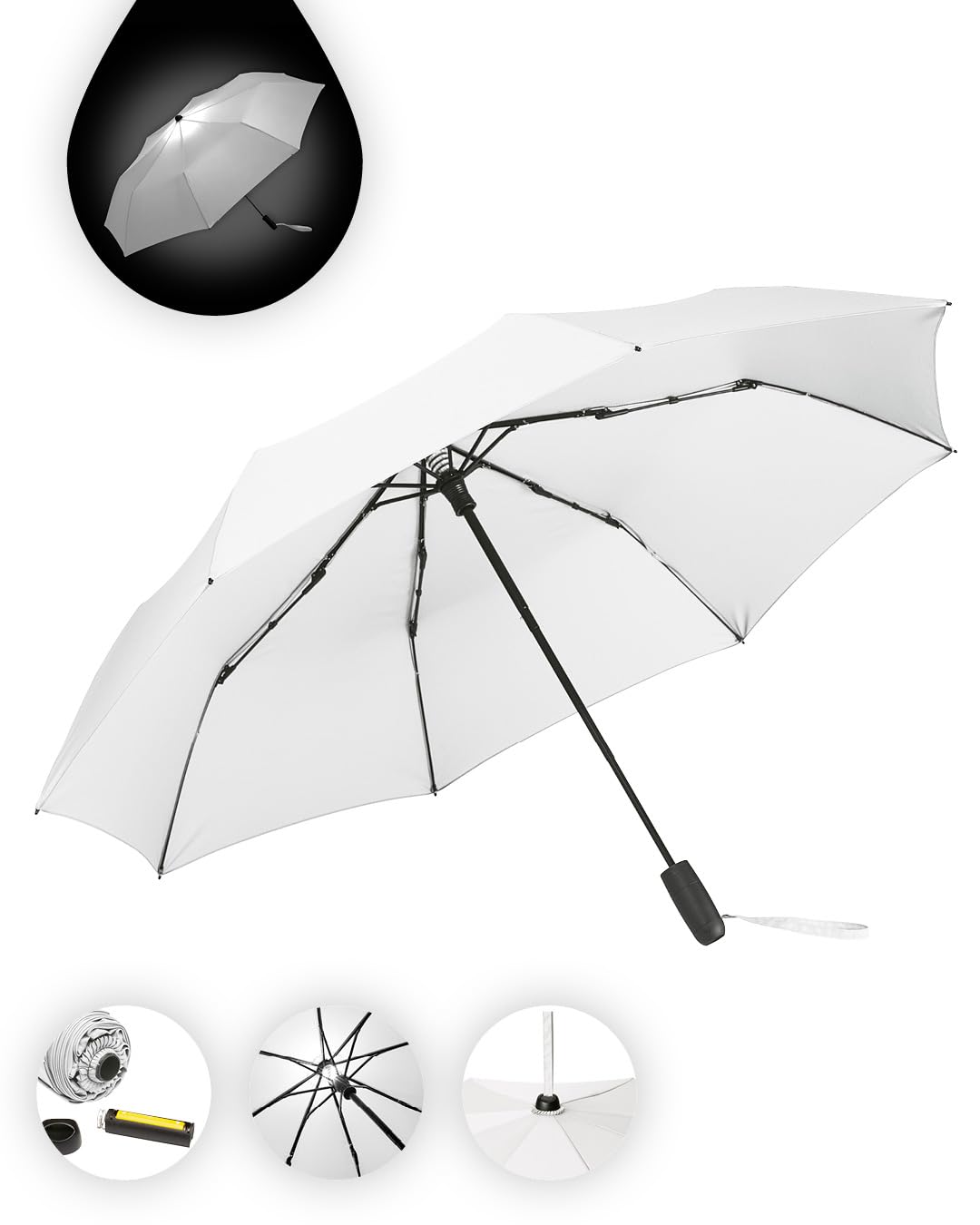 FARE Oversize-Taschenschirm Skylight (weiss) - Effektvoller Regenschirm mit LED-Innenbeleuchtung und