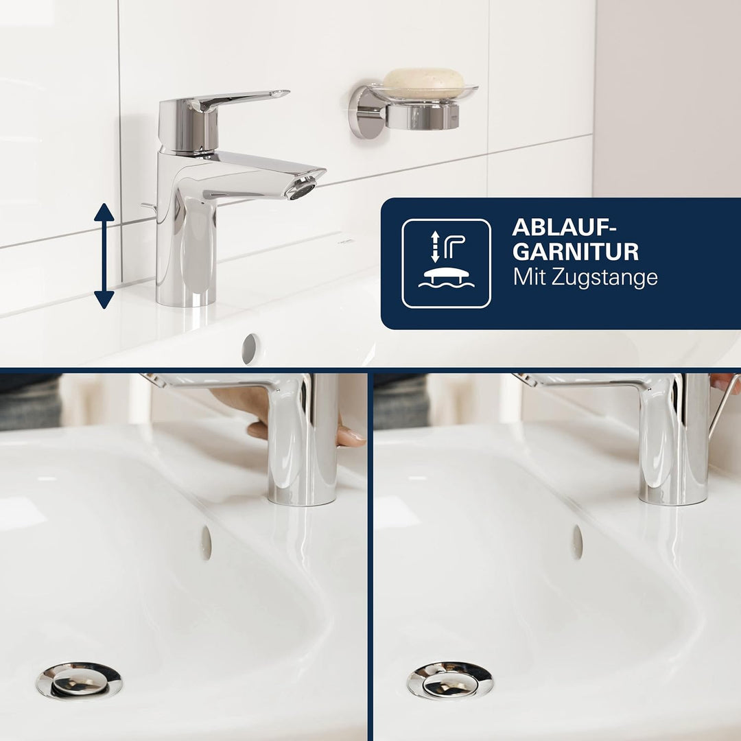 GROHE Dice, Waschtischarmatur, wassersparend (Wasserhahn für das Bad, Badarmatur mit Zugstangen-Abla