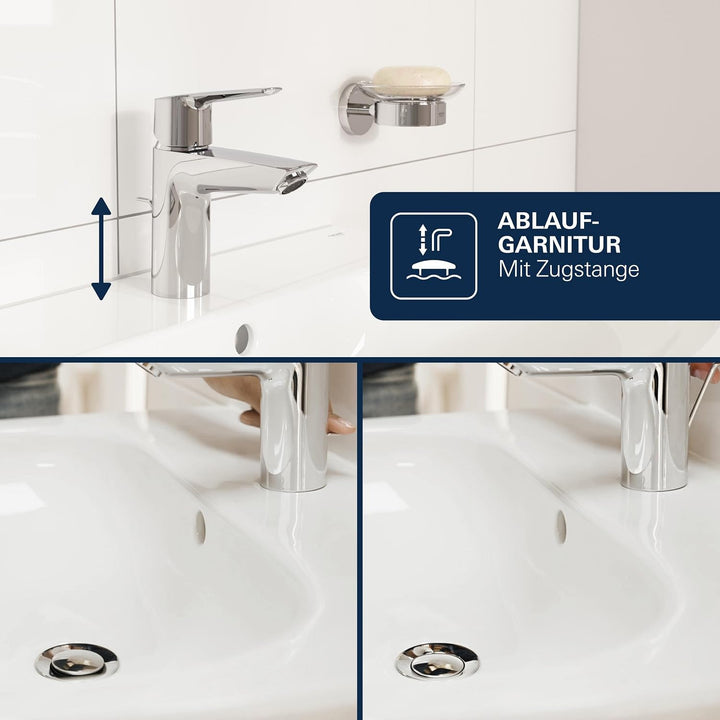 GROHE Dice, Waschtischarmatur, wassersparend (Wasserhahn für das Bad, Badarmatur mit Zugstangen-Abla
