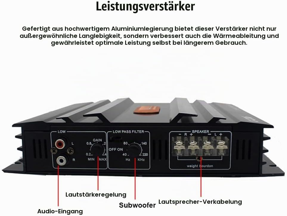 Shkalacar 2 Kanal Car Audio Mini Verstärker, 3800W Stereo Verstärker mit Niederfrequenzsteuerung, Ph