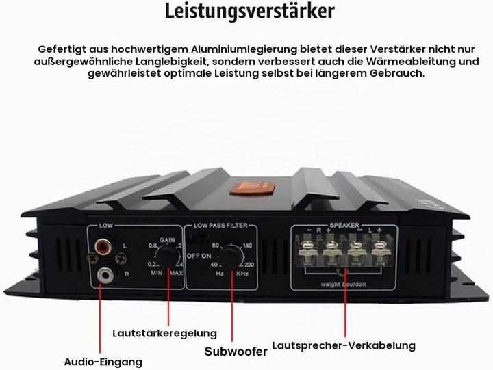 Shkalacar 2 Kanal Car Audio Mini Verstärker, 3800W Stereo Verstärker mit Niederfrequenzsteuerung, Ph