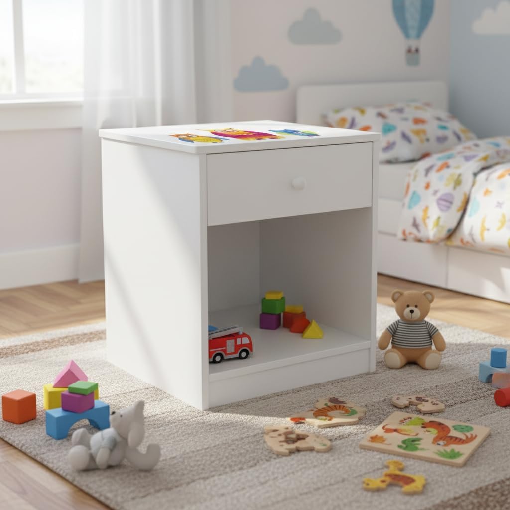 Leomark Nachttisch aus Holz - Eulen - Nachtschränkchen mit Schublade, Nachtschrank für Kinder, Weiss