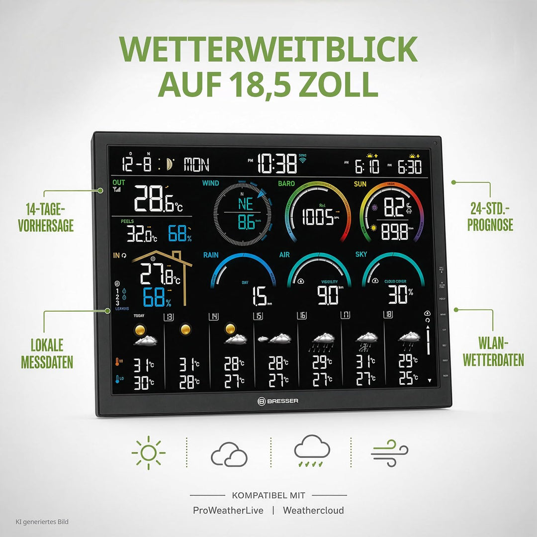Bresser WLAN Wetterstation 18,5" mit 8-in-1 Sensor, 14-Tage Prognose, WBGT, UV-Solar, Regen- und Win