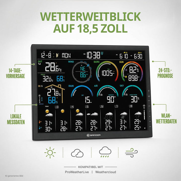 Bresser WLAN Wetterstation 18,5" mit 8-in-1 Sensor, 14-Tage Prognose, WBGT, UV-Solar, Regen- und Win