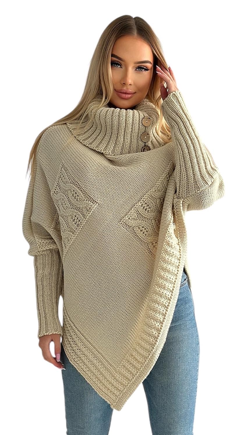 Mississhop Poncho Strick Sweatshirt Pullover Umhang Überwurf Einheitsgrösse Beige, Einheitsgrösse Be