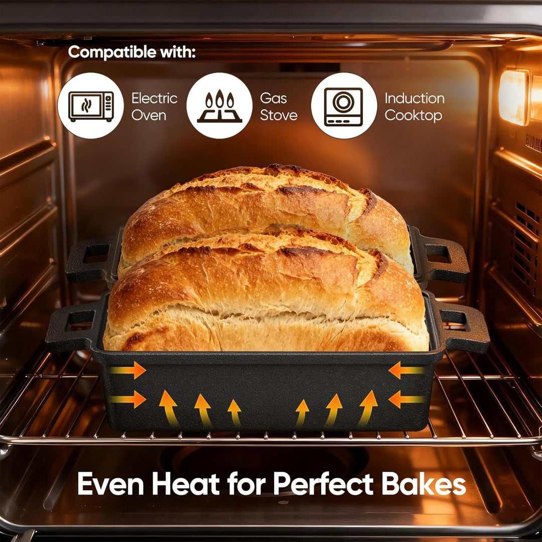 Brotbackform aus Gusseisen – 32cm Gusseisen Topf Brot backen mit Deckel, rechteckiger Brotbacktopf,
