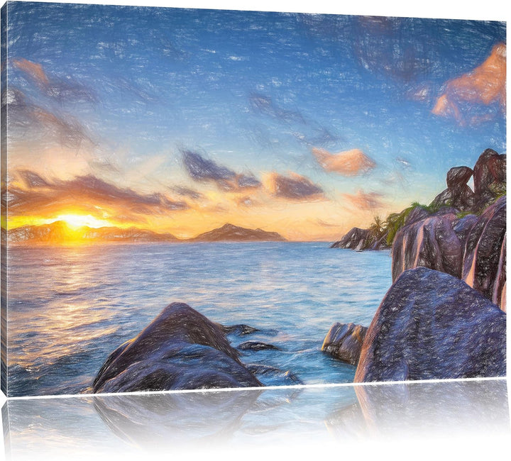 Pixxprint Sonnenuntergang Seychellen als Leinwandbild/Grösse: 100x70 cm/Wandbild/Kunstdruck/fertig b