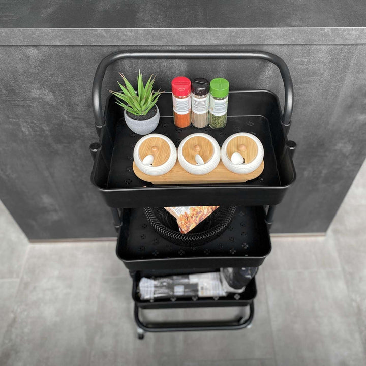 INTIRILIFE Rollwagen mit 3 Ebenen in Schwarz - 42 x 37 x 85.5 cm - Servierwagen mit Griff Aufbewahru