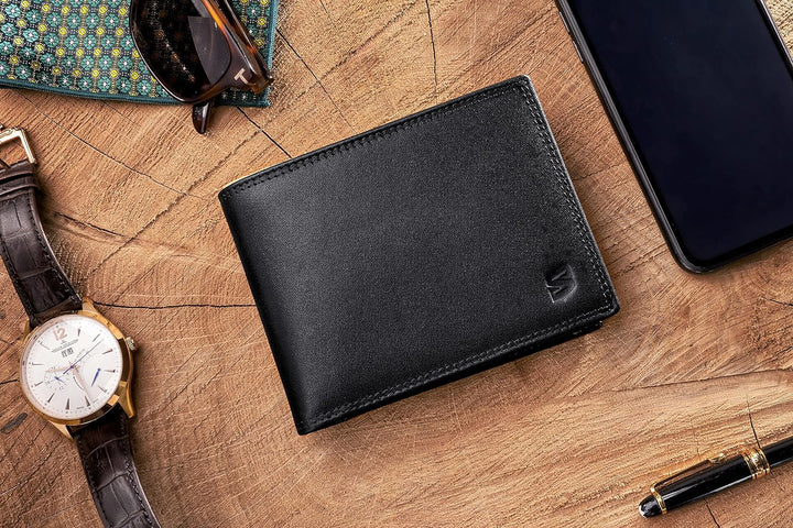 SERASAR | Leder Geldbeutel Männer mit RFID Schutz | Schwarzes Nappaleder | 12 Kartenfächer | Exklusi