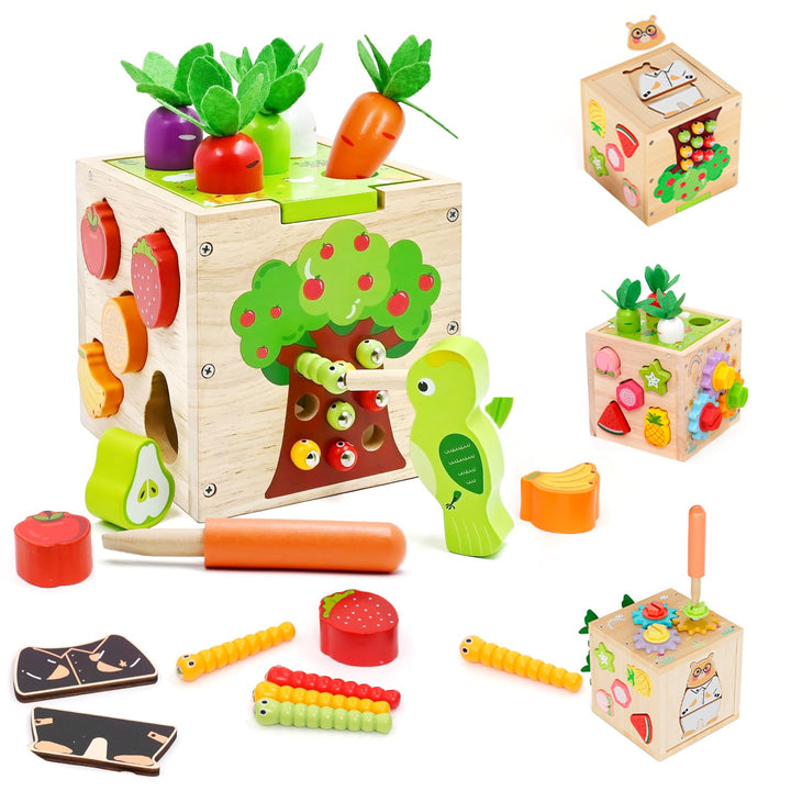 5 in 1Montessori Motorikwürfel,Activity Cube,Steckwürfel enthalten Formen zuordnen, Karotten ernten,