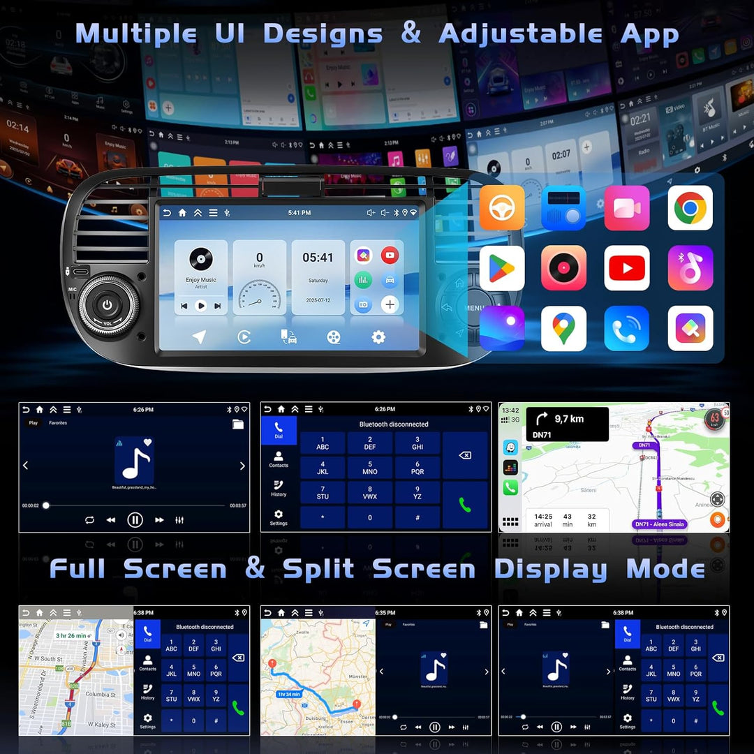 Hikity 4+128G Android Autoradio mit Bildschirm für FIAT 500 2007-2015 Wireless Carplay, Autoradio mi