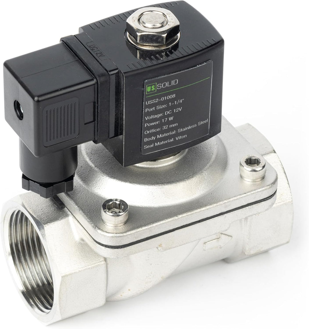 U.S. Solid 1-1/4" Magnetventil - Edelstahl DC 12V mit Viton-Dichtung, stromlos geschlossen, Anschlus