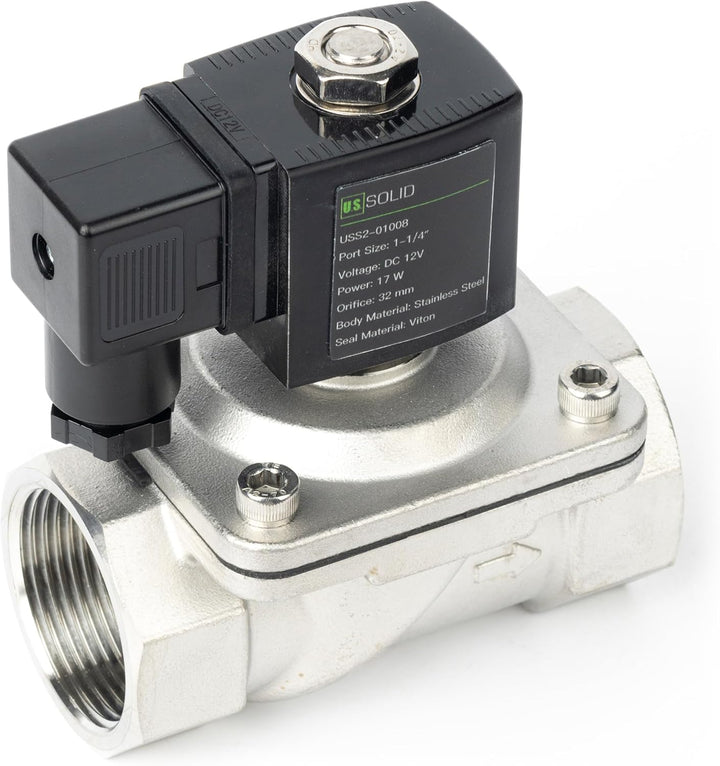 U.S. Solid 1-1/4" Magnetventil - Edelstahl DC 12V mit Viton-Dichtung, stromlos geschlossen, Anschlus