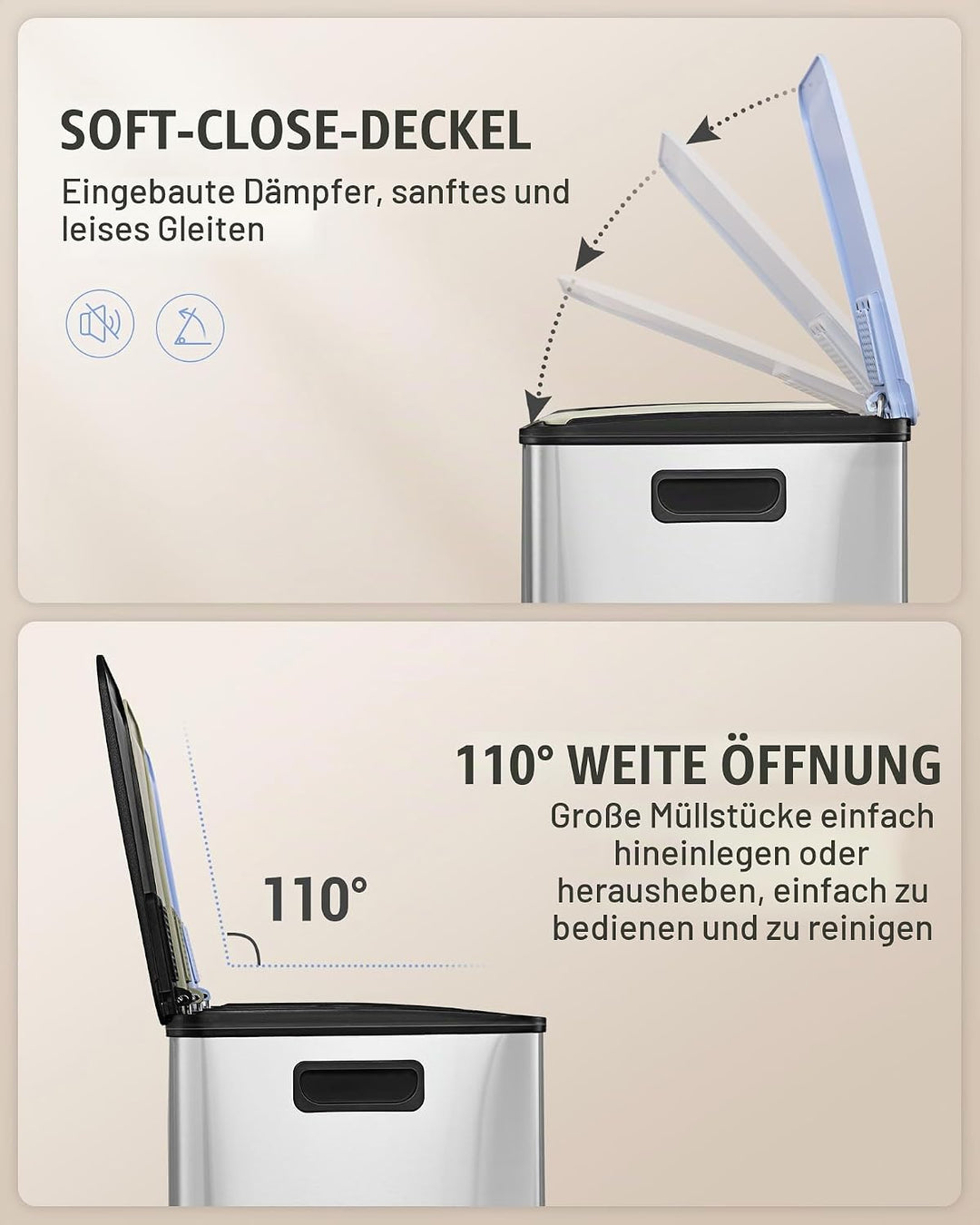 Hzuaneri Mülleimer Küche, 3 x 18 L, Mülltrennsystem 3 Fächer, Mülleimer mit Farbigem Soft-Close-Deck
