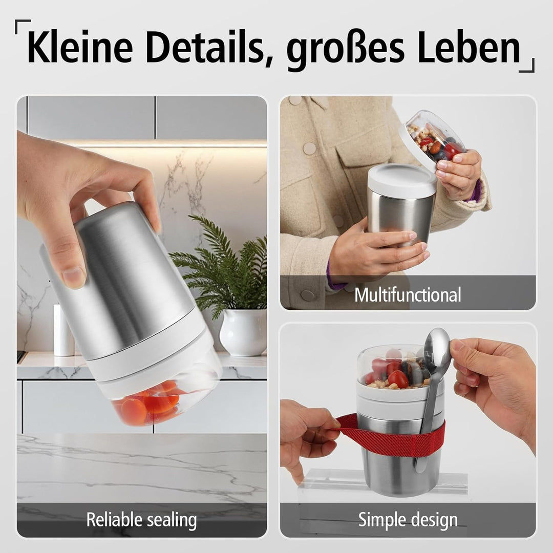 Edelstahl Müslibecher to go mit Löffel, Doppelwandiger Vakuum-Isolier Joghurtbecher to go 720ml, Neu