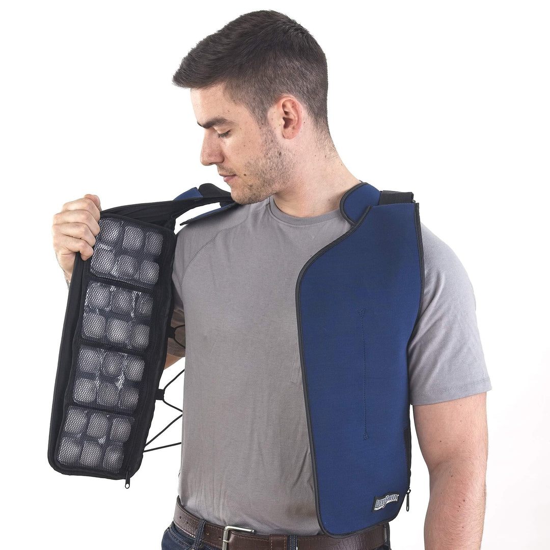 FlexiFreeze Ice Vest – Persönliche Kühlweste für Wärmeregelung, Marineblau Mit Reissverschluss., Mit