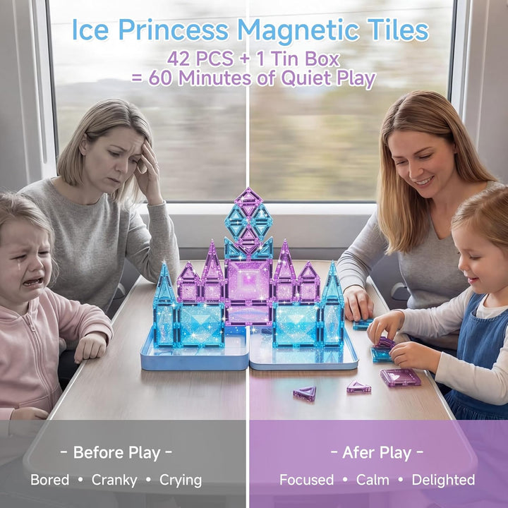 burgkidz Magnetische Bausteine Reisespielzeug für Mädchen, 42 Teile Eisprinzessin Magnetische Tiles