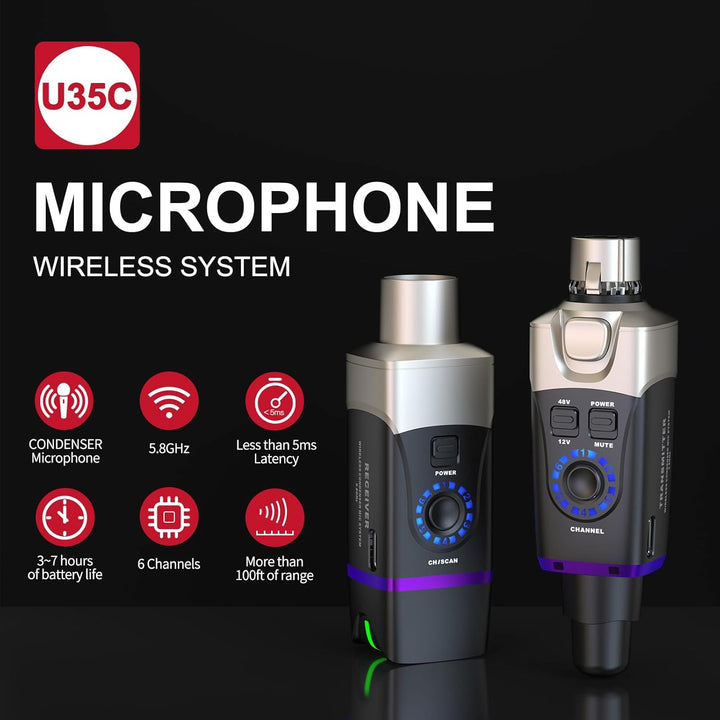 Xvive U35C XLR Plug-on-Funksystem für Kondensator Mikrofone mit 48V/12V Phantomspeisung (5,8 GHz), U
