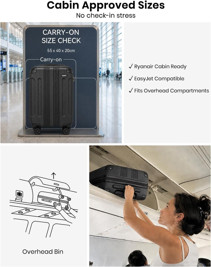 KONO Hartschale Gepäck Leichten ABS Reisekoffer Rollenkoffer 4 Rollen, Schwarz M(55cm - 33L)