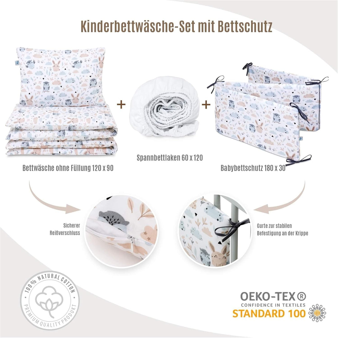 Pepi - Babybettwäsche Set 4 teilig - Kinderbettwäsche - Bettdecken & Kissenbezug - Bettschutzgitter