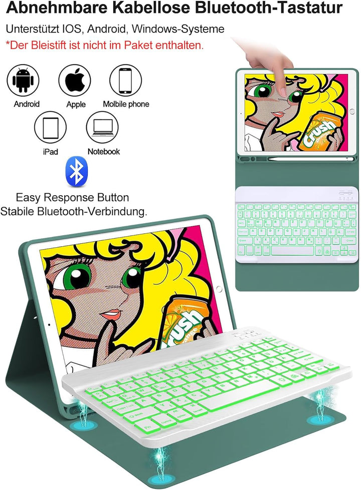 IVEOPPE Tastatur Hülle Kompatibel mit iPad 9.Gen/ 8.Gen/ 7. Generation 10,2 Zoll (2021/2020/2019),QW