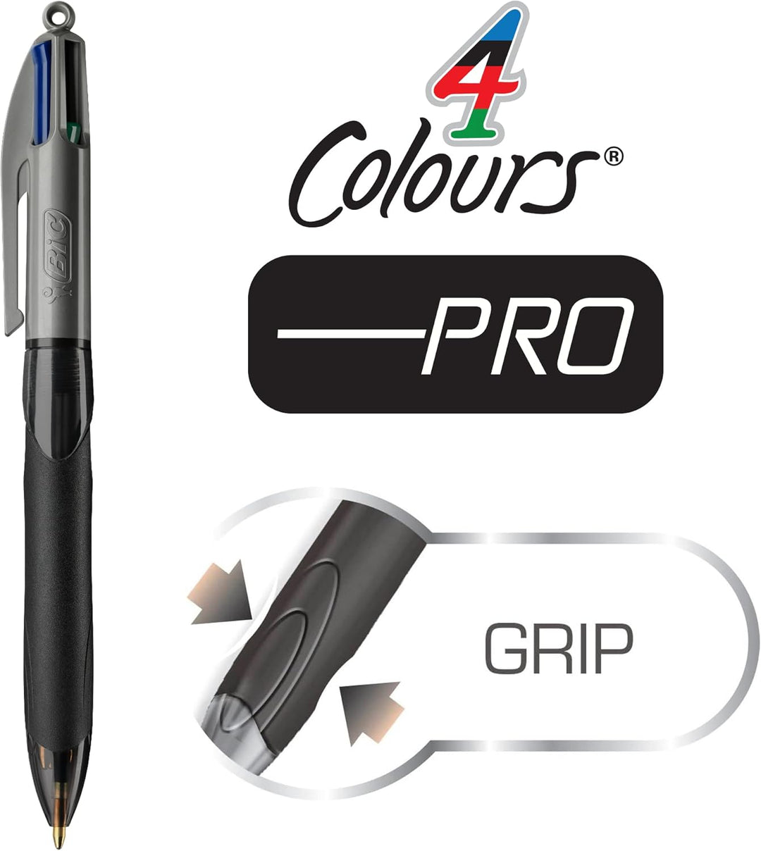 BIC 4 Farben Kugelschreiber Set 4 Colours Grip Pro, mit gummierter Griff-Fläche, 12er Pack, Ideal fü