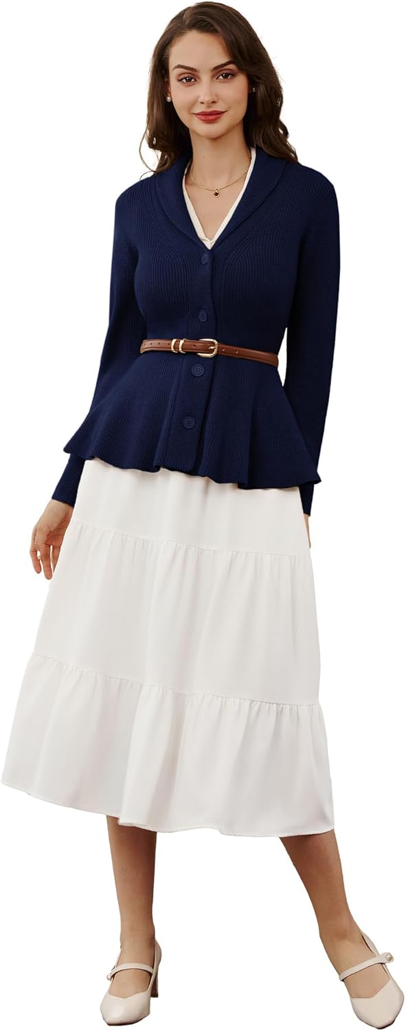 Belle Poque Damen Strickjacke Langarm Reverskragen Cardigan mit Rüschensaum Casual Strickmantel L Ma