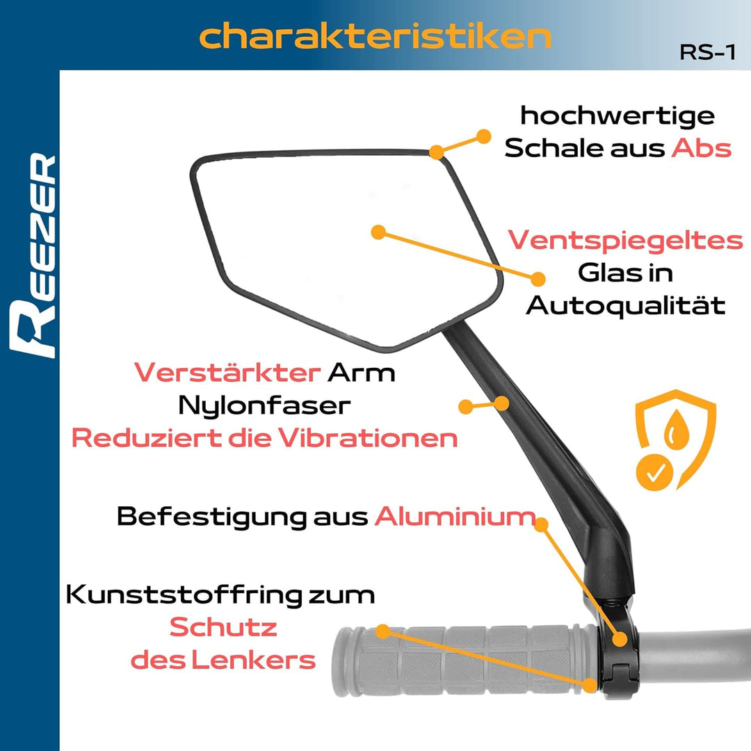 REEZER Fahrradspiegel rechts mit extra grosser Spiegelfläche - 360° verstellbarer Fahrrad Spiegel fü