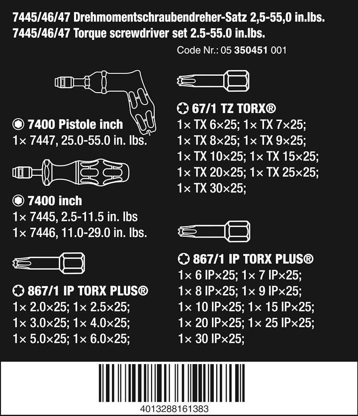 7445/46/47 Kraftform Drehmomentschraubendreher-Satz 2,5-55,0 in.lbs.