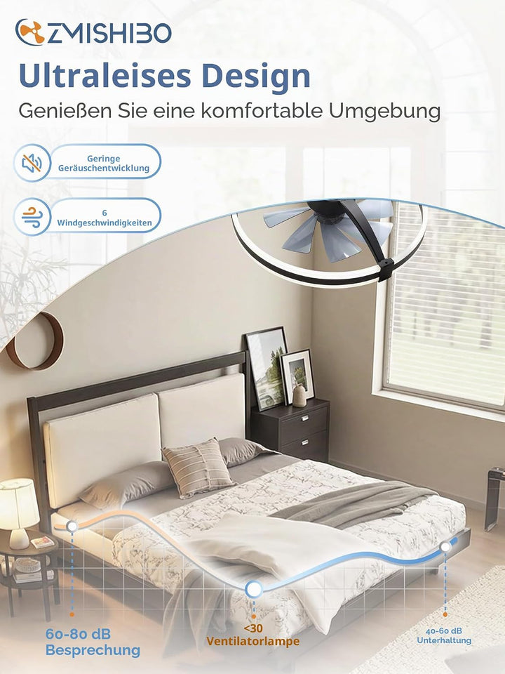 ZMISHIBO Deckenventilator mit Licht 51 cm Schwarz,Deckenventilator mit Beleuchtung,leise DC Motor,6