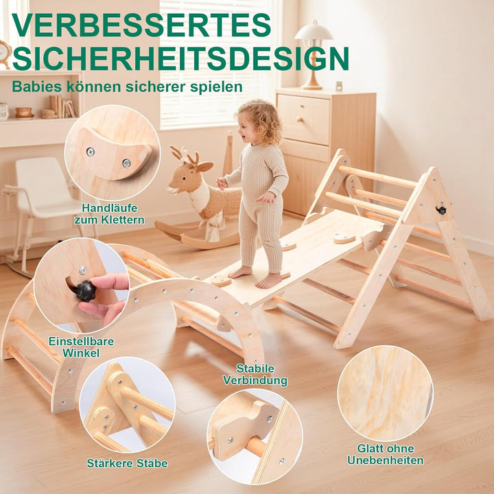 RUIE Klettergerüst Indoor 7-in-1 Kletterdreieck mit Rutsche, Hölzernes Kletterdreieck Set für klette
