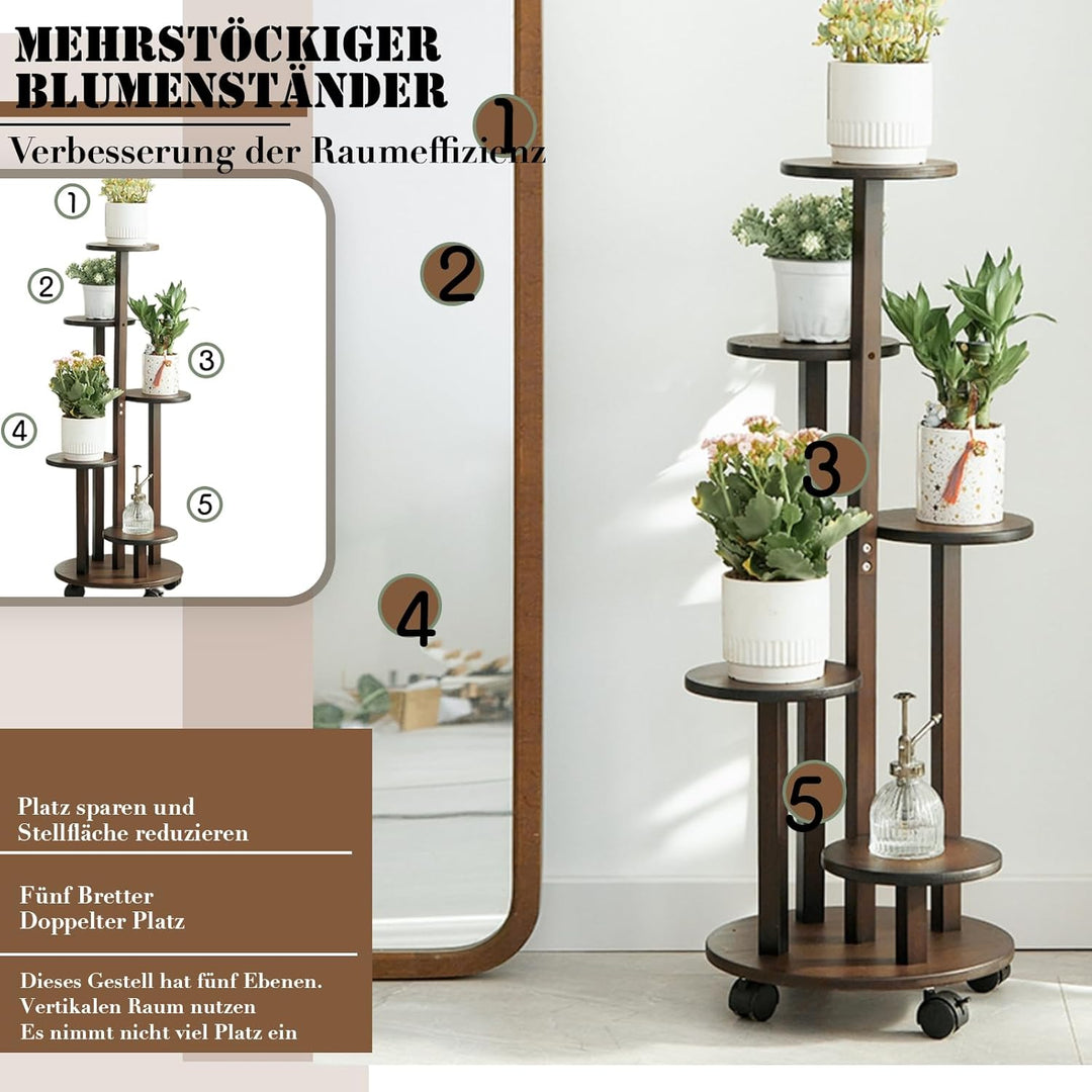 Blumenständer Bambus mit Rollen, 5 Etagen Pflanzenständer Blumenregal Balkon,Chassis Ø31.5*Oberes Fa
