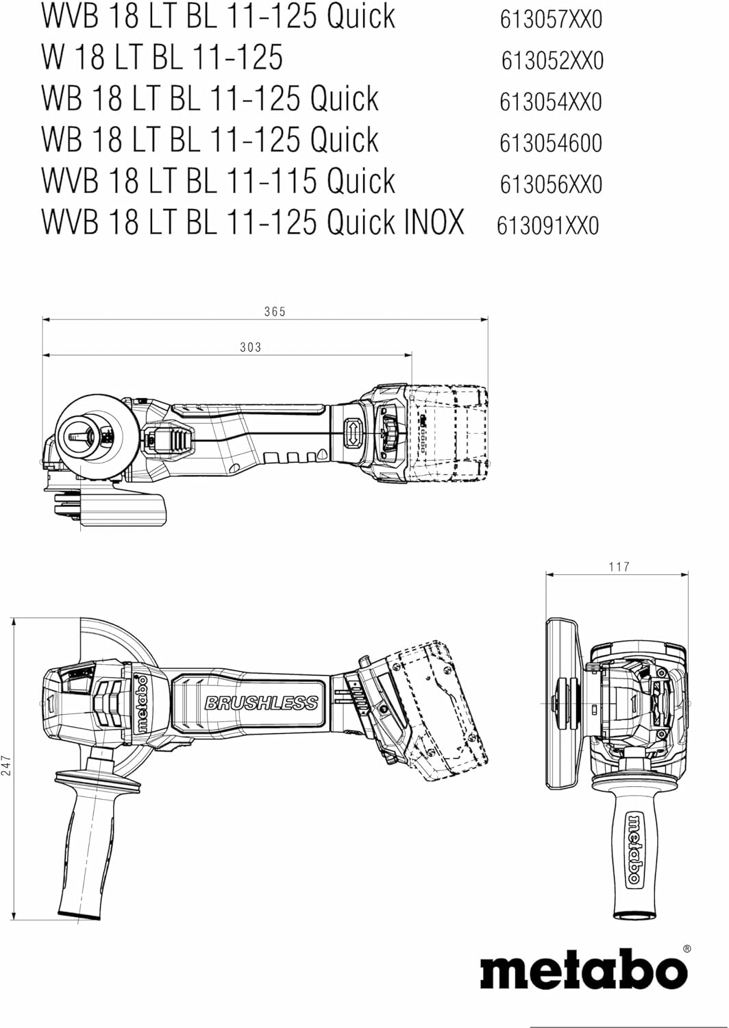 Metabo Akku-Winkelschleifer WVB 18 LT BL 11-125 Quick – 613057840 – 18 V – Schleifer mit kraftvollem