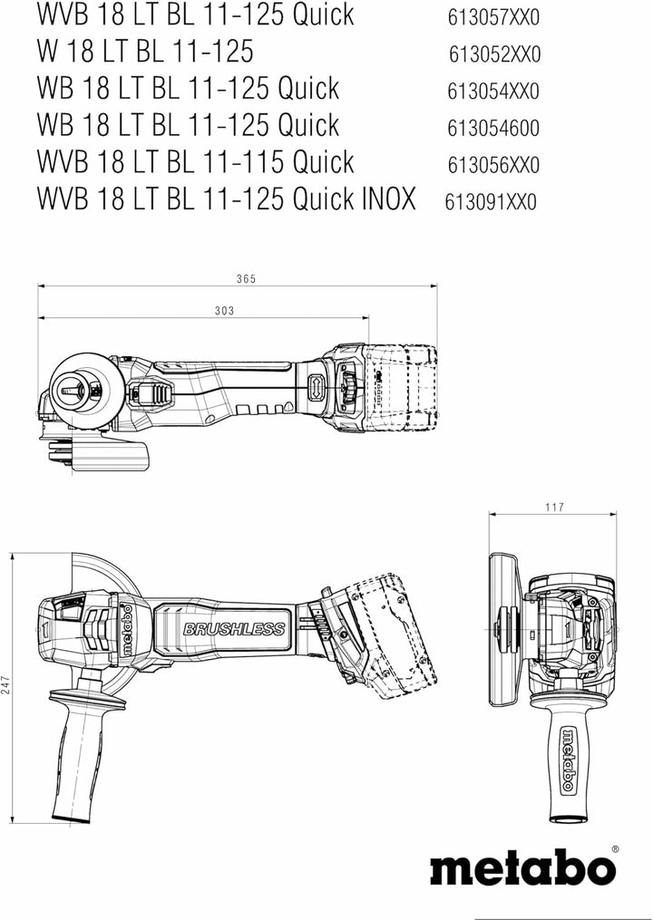 Metabo Akku-Winkelschleifer WVB 18 LT BL 11-125 Quick – 613057840 – 18 V – Schleifer mit kraftvollem